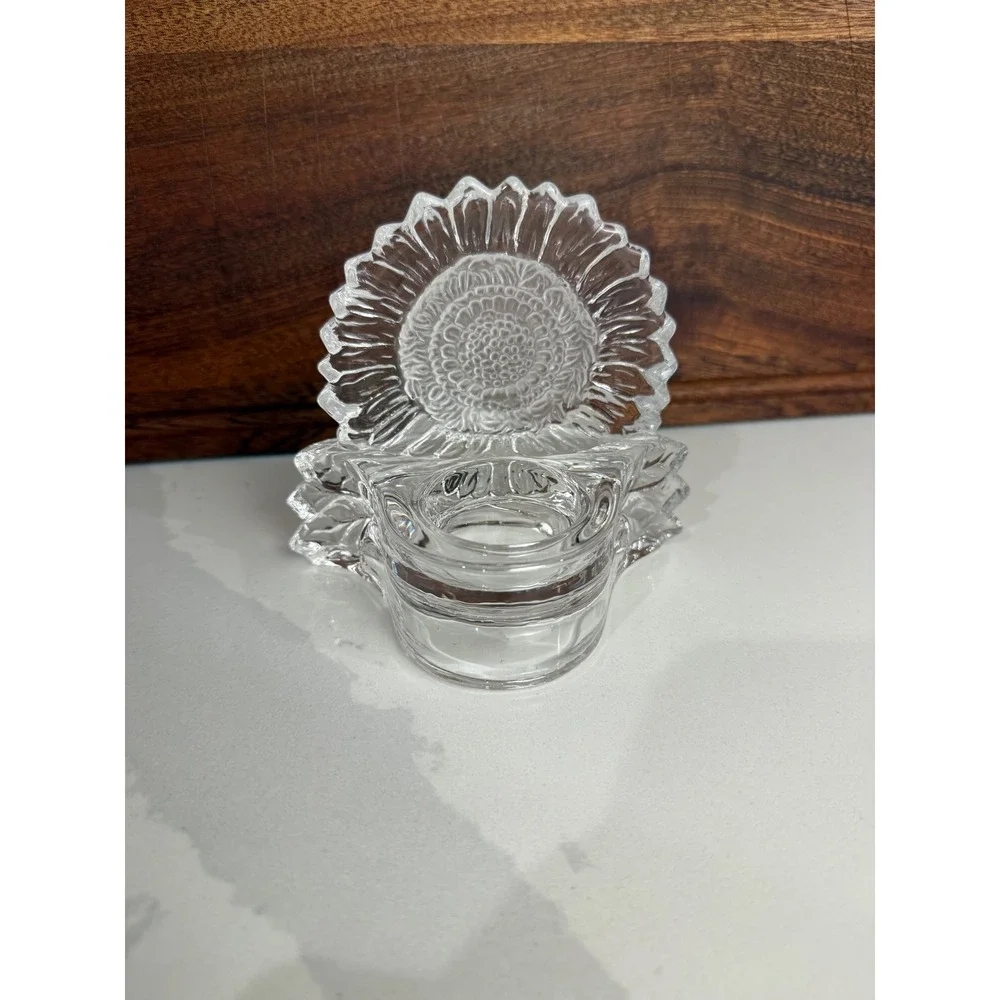 Vintage Clear Pressed Glass Sunflower Votive Candle Holder Tea Light Decor